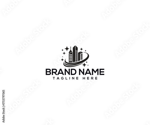 Cityscape logo in graphic: A minimalist logo design showcasing an urban skyline, featuring sleek, modern buildings enveloped by a stylized, dynamic ring. The design is accented with stylized stars.