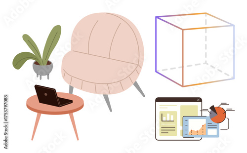 Cozy workspace setup with a laptop on a side table, a modern chair, a cube outline, analytical charts, and a plant. Ideal for productivity, creativity, data analysis, design remote work education