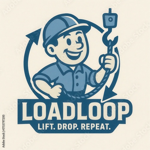Cartoon worker in hard hat with crane hook and rope.