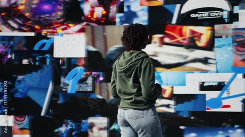 Wallpaper Mural Jolly woman doing conference presentation in front of audience, showing clips on digital videowall. Smiling influencer using mic to talk about content creation and social network experiences, camera A Torontodigital.ca