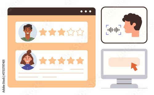 Profile reviews with star ratings, face recognition technology, and screen interactions. Ideal for identity verification, satisfaction surveys, customer support, user feedback, rating systems, online