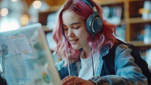 A cheerful young woman is smiling as she uses her laptop computer. She has pink hair and wears headphones.