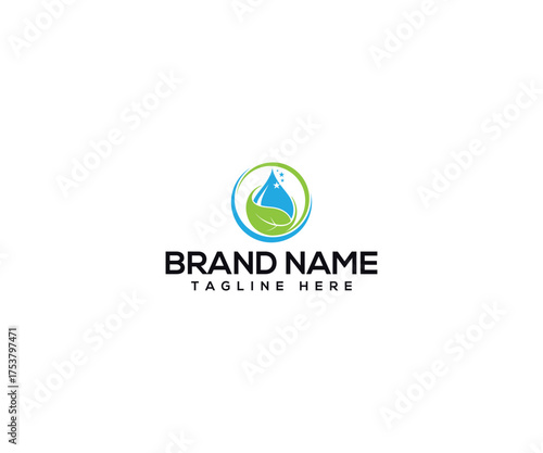 Eco-Friendly Brand Logo: A clean and modern logo design, the brand mark elegantly fuses a vibrant water droplet with a fresh leaf, all nestled within a circular emblem.
