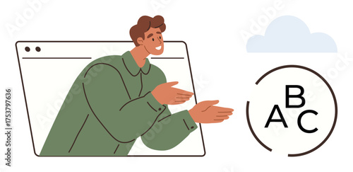 Man leaning out of a digital window gesturing towards a circular graphic with ABC letters. Ideal for education, explanation, communication, training, teamwork, remote learning, simple flat metaphor