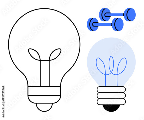 Large lightbulb with internal leaf elements and a smaller lightbulb in soft blue. Dumbbells in blue suggest strength. Ideal for innovation, creativity, fitness, eco-thinking, energy, sustainability