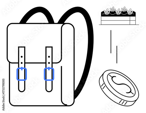 Backpack with buckles, plant bed with greenery, and falling coin highlight education, saving, travel, sustainability, eco-conscious habits, organization, and outdoor activities in a simple flat