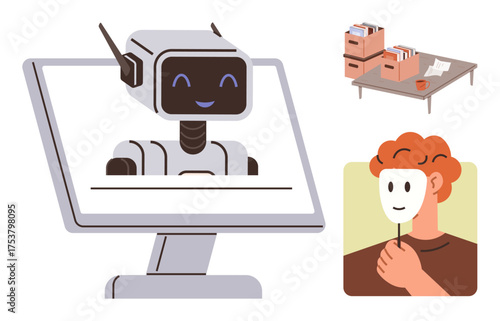 Robot face on monitor, person holding a mask symbolizing identity, and desk with files and paperwork. Ideal for technology, identity, AI, virtual communication, data management, office tasks future
