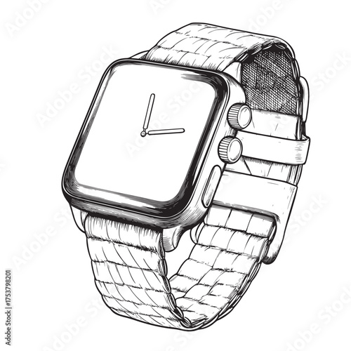 vector pencil outline illustration of smartwatch on a woven strap