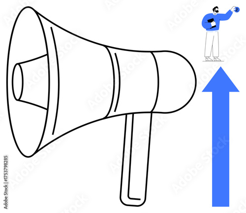 Oversized megaphone with bold arrow pointing upward, illustrating voice amplification and upward momentum. A person with a globe and folder highlights communication, leadership, and global influence