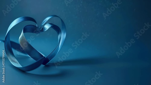 A blue ribbon is shaped like a heart. It is on a blue background