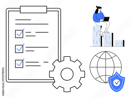 Checklist, gear, global security shield, and woman on bar graph with laptop. Ideal for productivity, data management, security, analytics, business decisions global strategy simple flat metaphor