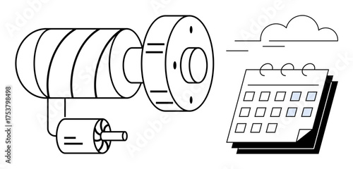 Mechanical engine next to a calendar and floating clouds, suggesting manufacturing timelines, planning, and workflow management. Ideal for technology, production, innovation, scheduling, workflow