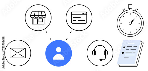 User icon connected to store, web page, stopwatch, email, headset, and documents. Ideal for customer service, communication, e-commerce business management task organization support systems