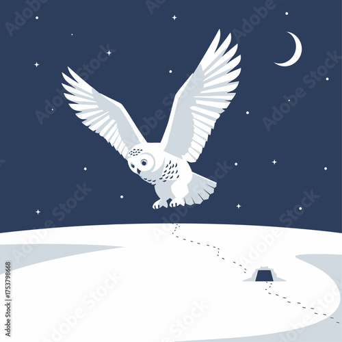 Snowy Owl in Flight Over a Vast Snow-Covered Field at Night Vector Illustration