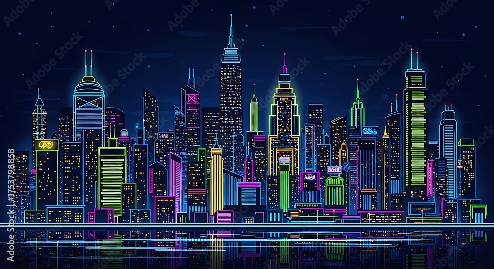 Obraz premium Neon Cityscape - A Vibrant Nighttime Skyline Illustration.