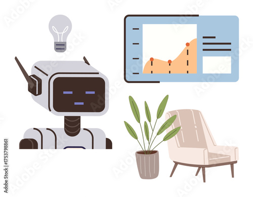 Robot with lightbulb, data analysis chart on screen, chair, and potted plant. Ideal for AI, technology, innovation, analytics workplace creativity futuristic collaboration concepts. Simple flat