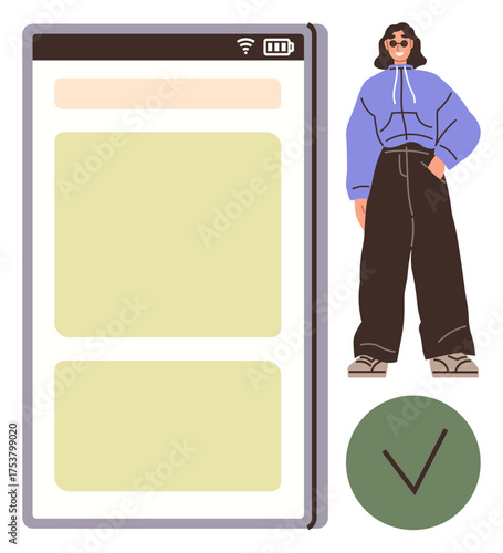Large smartphone interface with blank sections, person in casual attire, check mark in circle. Ideal for technology, productivity, fashion, mobile app, task management, lifestyle user experience