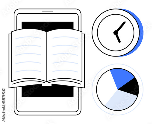 Open book on a smartphone screen, analog clock, and pie chart. Ideal for education, e-learning, productivity, time management, data analysis knowledge reading habits. Simple flat metaphor