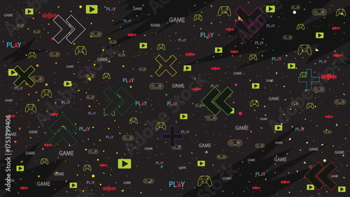 Retro Gaming Neon Seamless Pattern for Digital E-Sport Tournament Background. Dark Abstract Wallpaper with Bright Gamepad Outlines, Arrows, and Play Icons