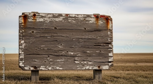 Weathered wooden sign in open field