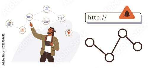 Male presenter explaining smart devices and connectivity with network diagram and a cyber threat alert. Ideal for cybersecurity, IoT, innovation, technology education, malware, risk prevention