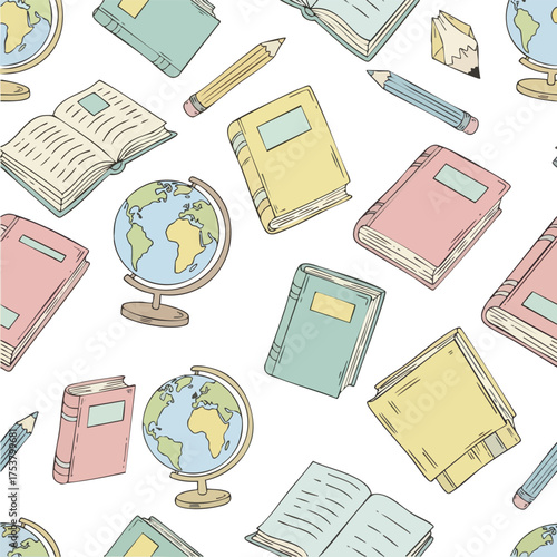 Hand drawn seamless pattern with school supplies like books and globes.