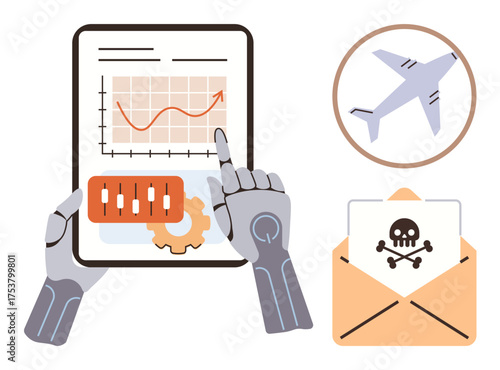 Robotic hands interact with a data report, an airplane highlights industry links, and an email with malware symbolizes digital threats. Ideal for cybersecurity, AI, technology, automation