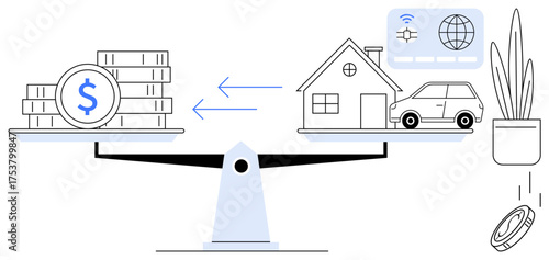 Scale balancing coins against assets including home and car, with digital payment card, arrow symbolizing transaction, and potted plant. Ideal for finance, investment, savings, economy, money