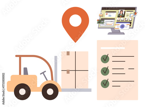 Forklift transporting cargo next to checklist and location pin with a digital dashboard. Ideal for logistics, warehouse, transportation, delivery, inventory, supply chain, efficiency. Modern flat