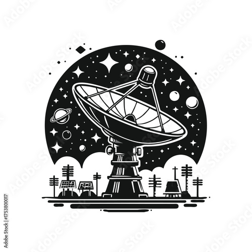 Satellite dish receiving signals in a cosmic landscape
