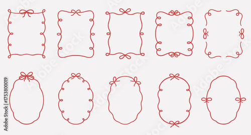 Whimsical wedding frame doodle set. Coquette boarders with bows and ribbons in sketch style. Hand drawn Vintage vector illustration for Valentine’s Day, wedding invitations.
