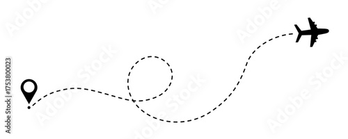 Dash line air plane route, airplane flight path doodle icon. Dotted map route for travel and journey. Vector illustration isolated on white background