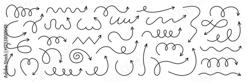 Squiggly arrows doodle set. Curve and Spiral comic symbols in sketch style. Hand drawn vector illustration isolated on white background