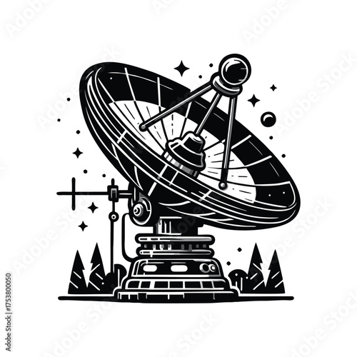 Satellite dish receiving signals in a starry landscape