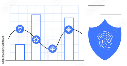 Bar graph with seasonal icons and trend line next to shield featuring fingerprint. Ideal for data protection, security, business analysis, risk management, cybersecurity, biometrics, seasonal trends