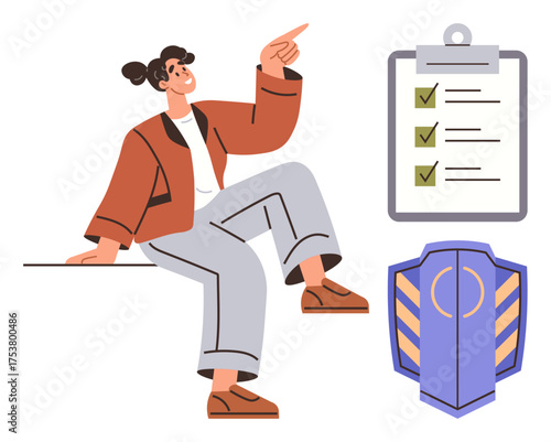 Woman gesturing confidently beside a completed checklist and shield icon Ideal for success, security, planning, protection, goal achievement, organization, confidence. A simple flat metaphor
