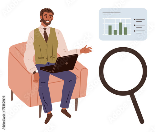 Businessman seated in armchair using laptop, discussing analytics with data chart and magnifying glass. Ideal for business strategy, analytics, education, teamwork, entrepreneurship, productivity