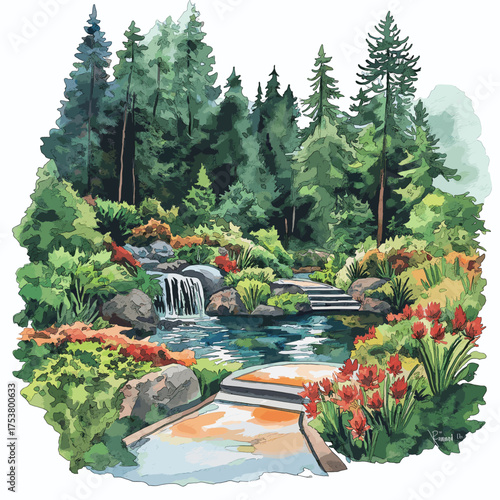 Butchart Gardens. Butchart Gardens hand drawn watercolor illustration
