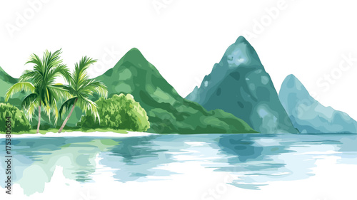 Castries and the Pitons. Castries and the Pitons hand drawn watercolor illustration