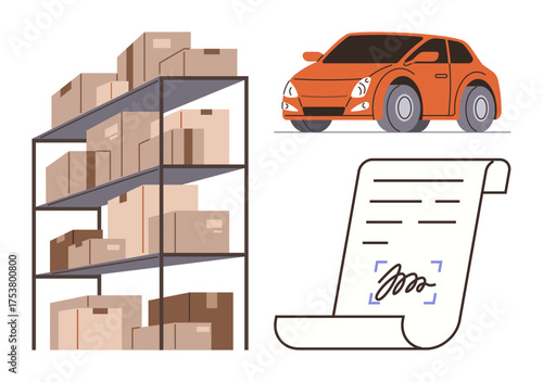 Warehouse shelves stacked with boxes, a small orange car for transport, and a signed contract document. Ideal for shipping, logistics, inventory, delivery service, trade, e-commerce and agreements
