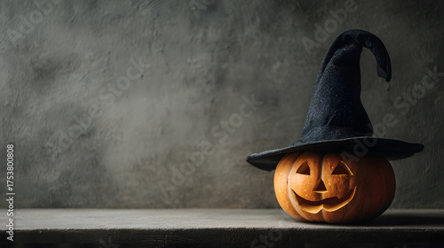 A cheerful carved pumpkin in a witch hat sits on a wooden table, adding a festive vibe
