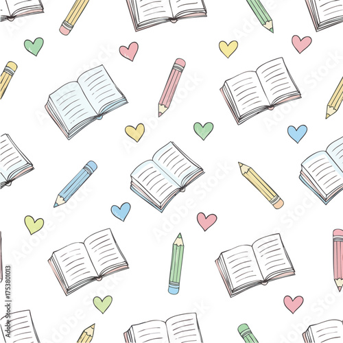 Education Seamless Pattern – Hand-Drawn Books, Pencils, and Hearts in Pastel Tones