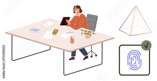 Woman sitting at desk using a tablet, surrounded by a plant, documents, geometric pyramid diagram, and verified fingerprint icon. Ideal for technology, work, education, security authentication