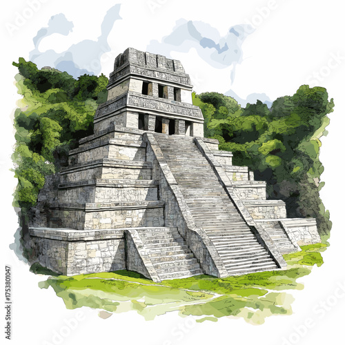 Palenque Ruins. Palenque Ruins hand drawn watercolor illustration