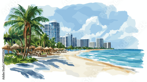 Miami?s South Beach. Miami?s South Beach hand drawn watercolor illustration