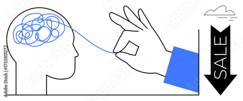 Human head with tangled brain thread straightened by hand alongside arrow indicating sales drop. Ideal for business strategy, marketing solutions, problem-solving, mental clarity, sales trend