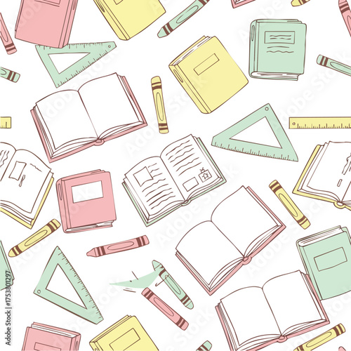 Colorful school supplies pattern featuring books crayons and rulers.
