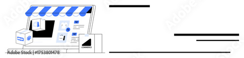 Shopping cart, storefront with awning, digital product listings, and delivery box. Ideal for e-commerce, online store setup, digital sales, product delivery, retail innovation business growth