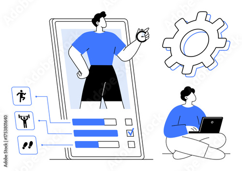 Mobile fitness app with a man on the screen, activity icons, data bars, settings gear, and seated laptop user. Ideal for technology, health, sports, wellness progress productivity simple flat