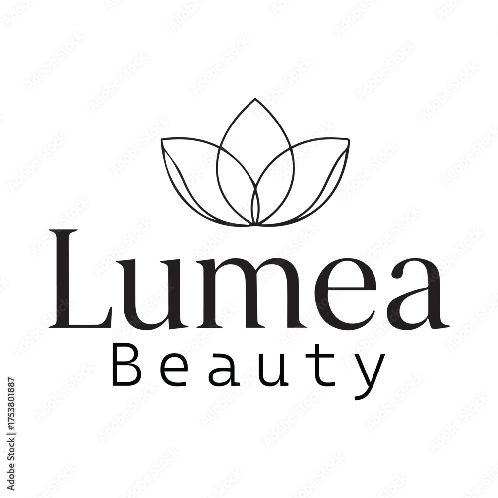 Obraz premium Minimalist black Lumea Beauty logo – elegant serif text with lotus flower line art for skincare branding, wellness design, and luxury beauty visuals.